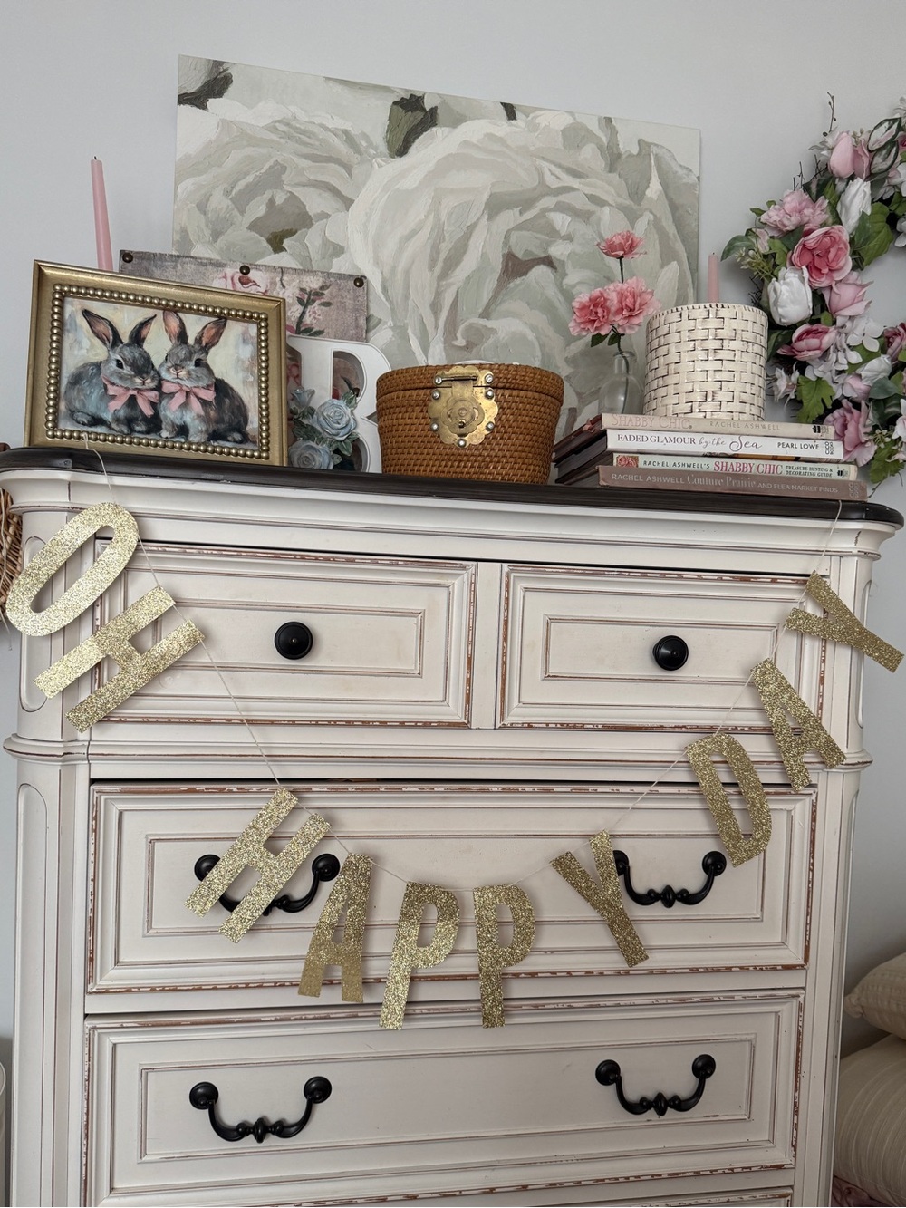 Cream Distressed Dresser with Black Hardware